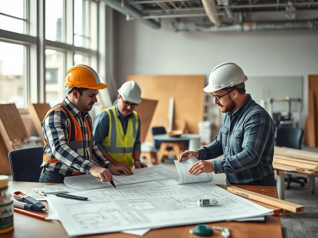 A realistic high-resolution photo of a modern office space under renovation, showing construction workers collaborating with blueprints and design plans. The background includes construction materials and tools, creating a dynamic, professional atmosphere, shot in hyper-realistic detail.