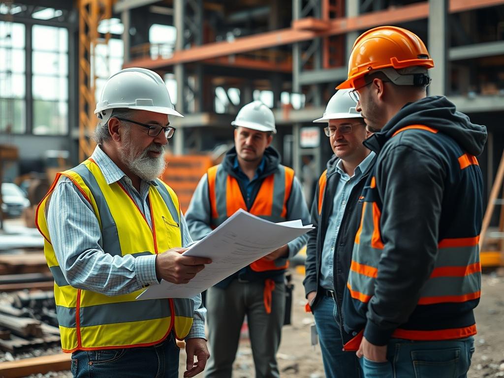 A realistic high-resolution photo of a construction site showing a general contractor discussing plans with subcontractors. The image captures the hustle of a busy work environment, complete with construction equipment and safety signage, shot in hyper-realistic detail.