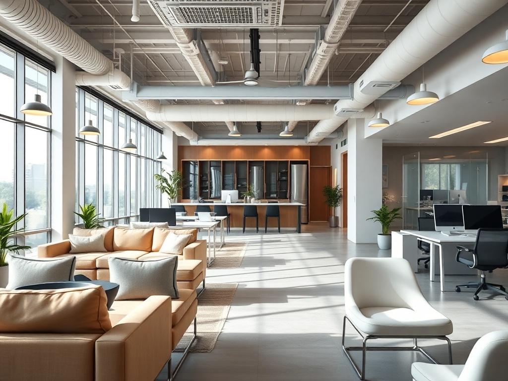 A realistic high-resolution photo of a beautifully designed office interior featuring modern furniture, bright lighting, and collaborative workspaces. The image captures an inviting atmosphere that promotes productivity, shot in hyper-realistic detail.