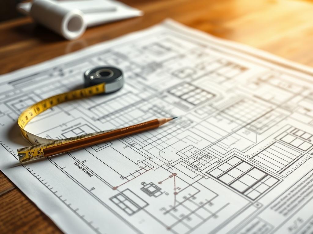 A hyper-realistic close-up shot of a construction blueprint spread out on a wooden table, with a pencil and a measuring tape placed beside it. The background should be softly blurred to emphasize the details of the blueprint, showcasing intricate designs and measurements. The lighting should be warm and inviting, highlighting the textures of the paper and wood.