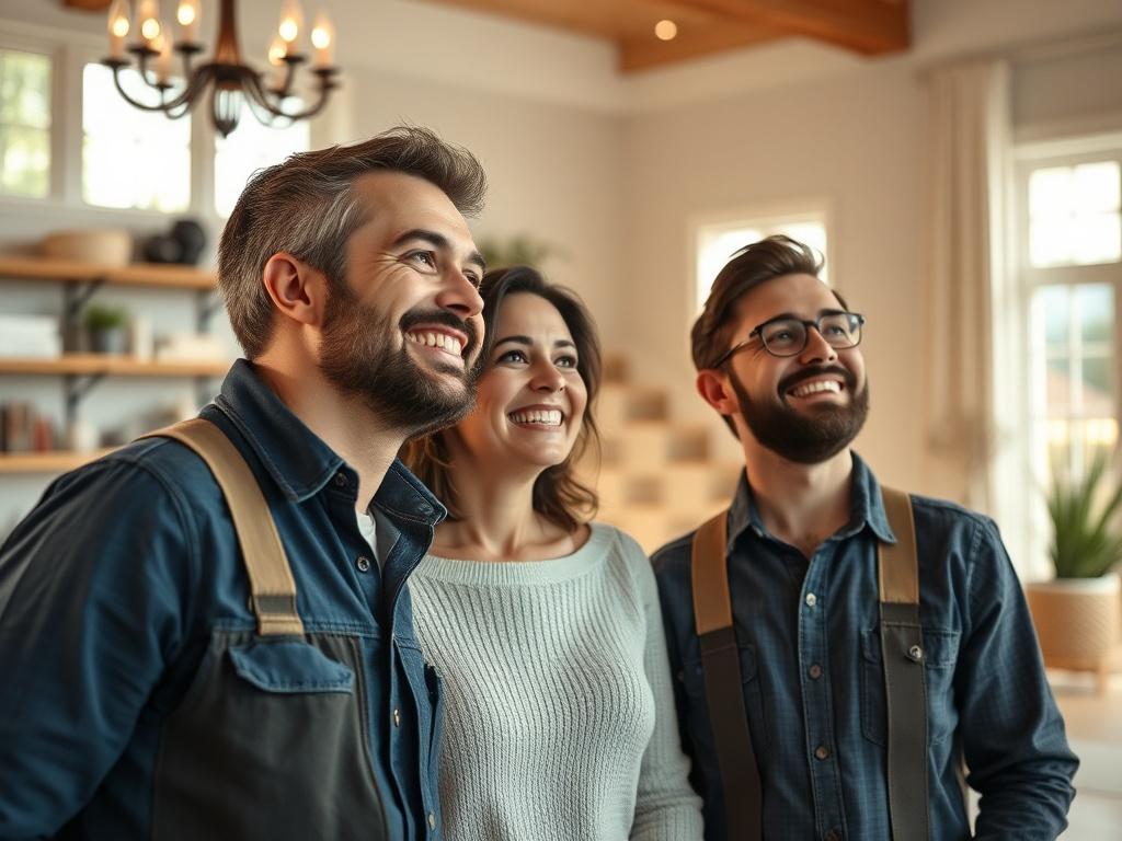 A close-up shot of a satisfied client admiring their newly renovated space alongside a contractor, capturing joyful expressions and a stunning interior.