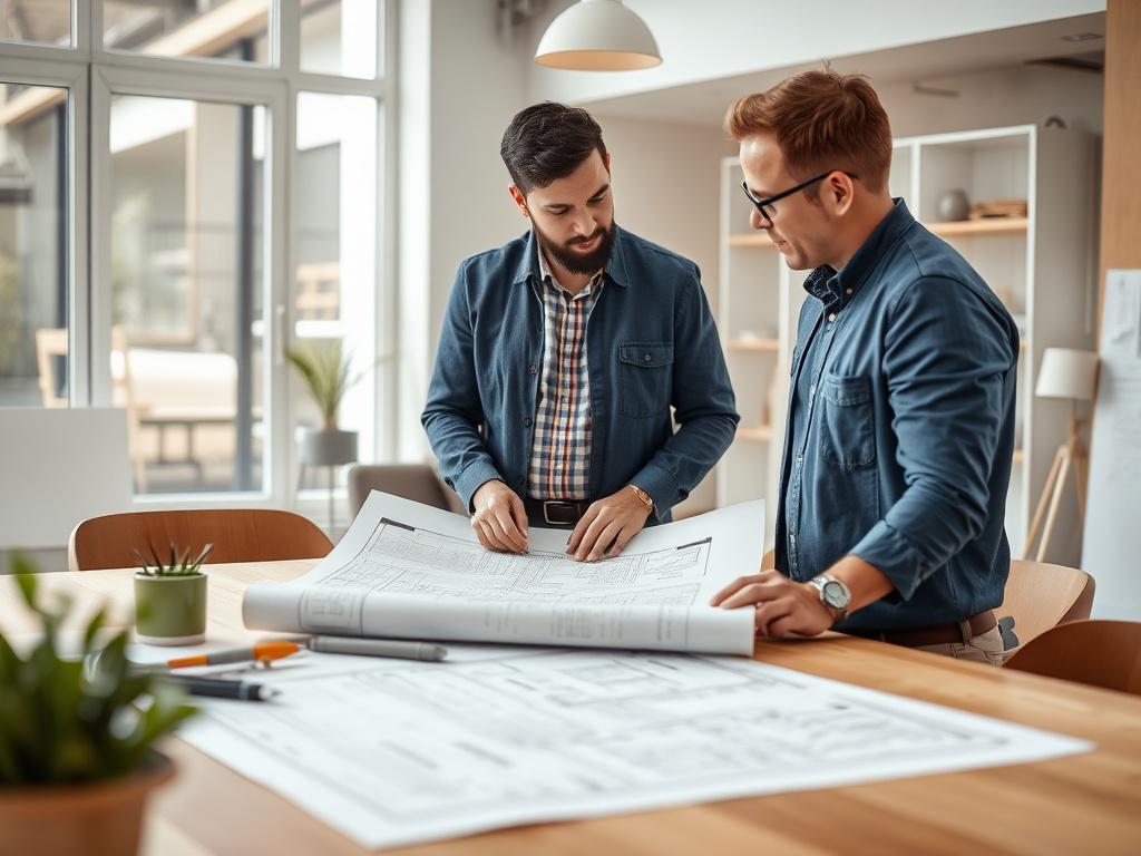 A close-up shot of a contractor discussing plans with a client in a bright office space, showcasing blueprints on a table, with a warm and inviting atmosphere.
