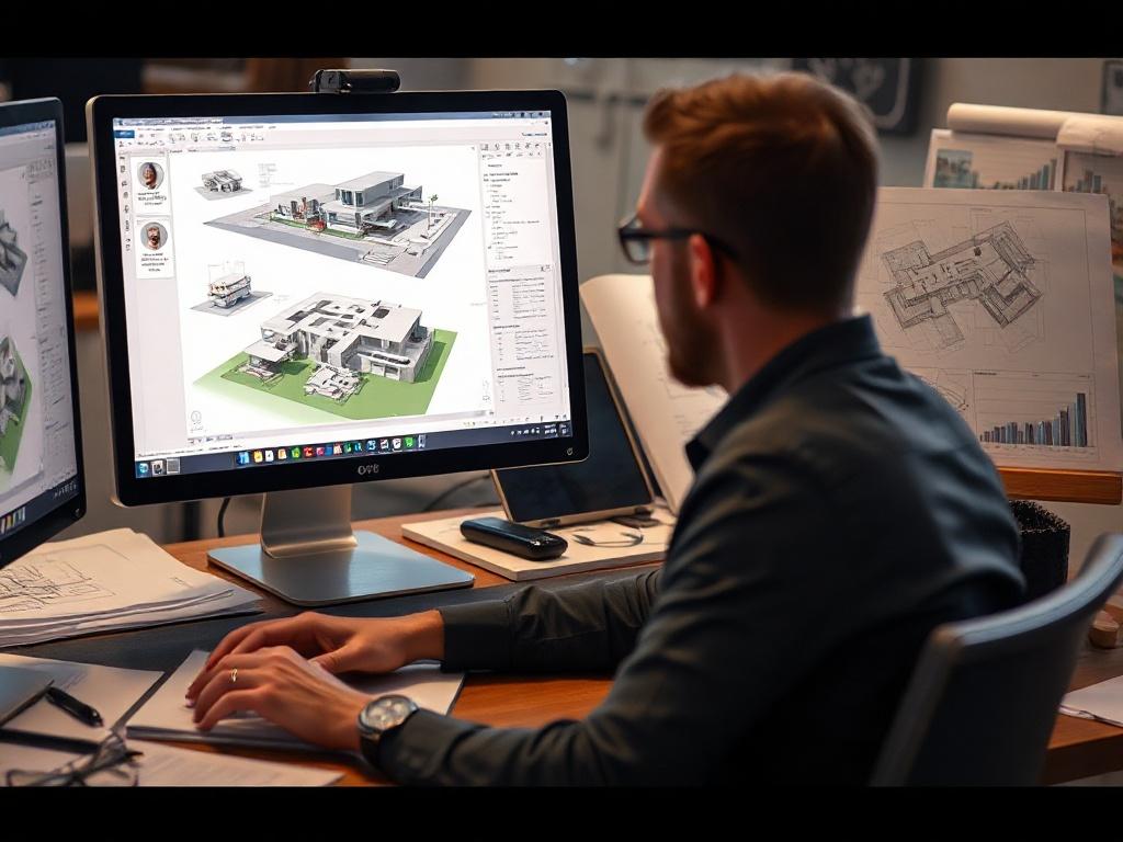 A close-up shot of an architectural designer working on a computer with 3D models displayed, surrounded by design sketches and a creative workspace.