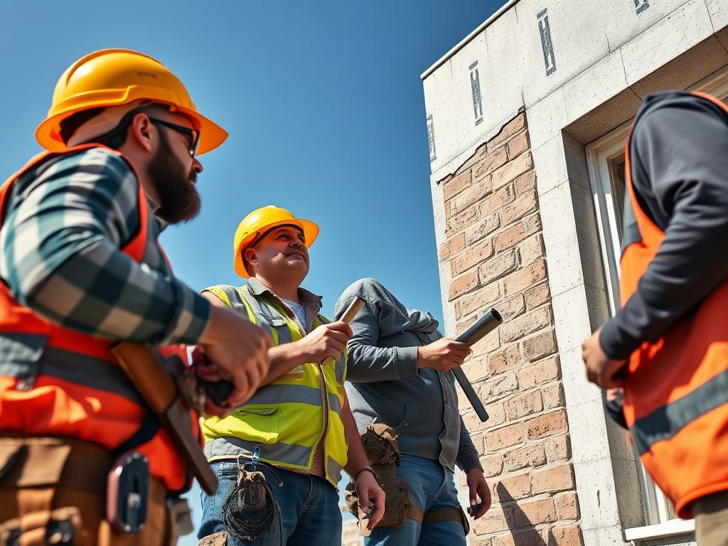 A close-up shot of construction workers collaborating on-site with tools in hand, showing the progress of a renovation project, under a clear blue sky.