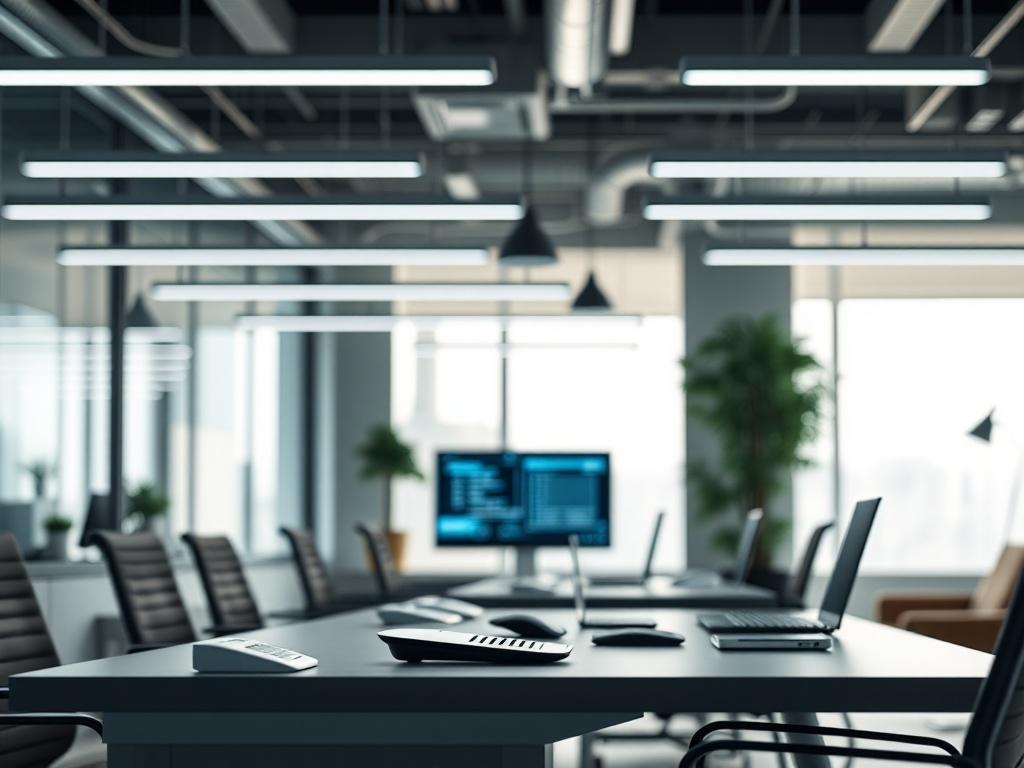 A modern office scene featuring smart lighting and automated systems in action. The focus is on a sleek desk with digital controls and smart devices, surrounded by a comfortable and tech-friendly environment. The image conveys a sense of innovation and efficiency, shot in hyper-realistic style with a 45mm f/1.2 lens.