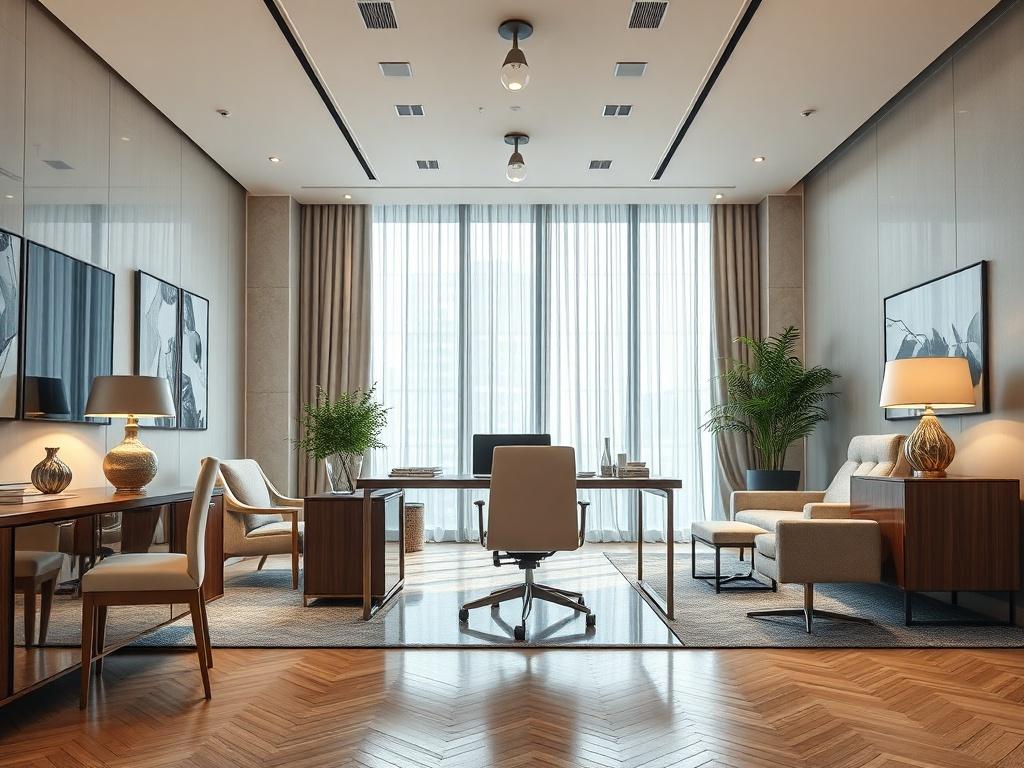 A luxury office setting showcasing modern furniture, elegant light fixtures, and premium flooring. The focus is on a sleek desk with a stylish chair, surrounded by tasteful decor elements. The atmosphere is bright and inviting, emphasizing sophistication and productivity. Shot in hyper-realistic style with a close-up of the desk area, using a 45mm f/1.2 lens.