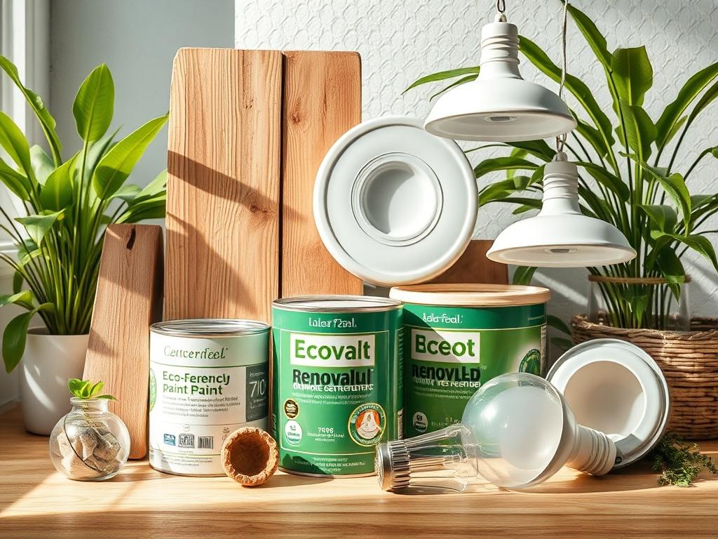 A collection of eco-friendly renovation materials displayed artistically, including recycled wood, low-VOC paint cans, and energy-efficient light fixtures. The setting is bright and natural, emphasizing the green theme with plants in the background. Shot in hyper-realistic style with a close-up focus on the materials, using a 45mm f/1.2 lens.