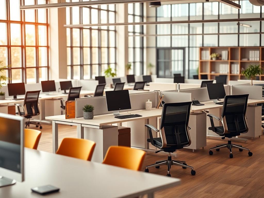 A hyper-realistic close-up shot of a modern office interior featuring sleek desks, collaborative workspaces, and bright lighting. The focus should be on the ergonomic furniture arrangement, emphasizing functionality and design, with a warm color palette and natural light filtering through large windows.