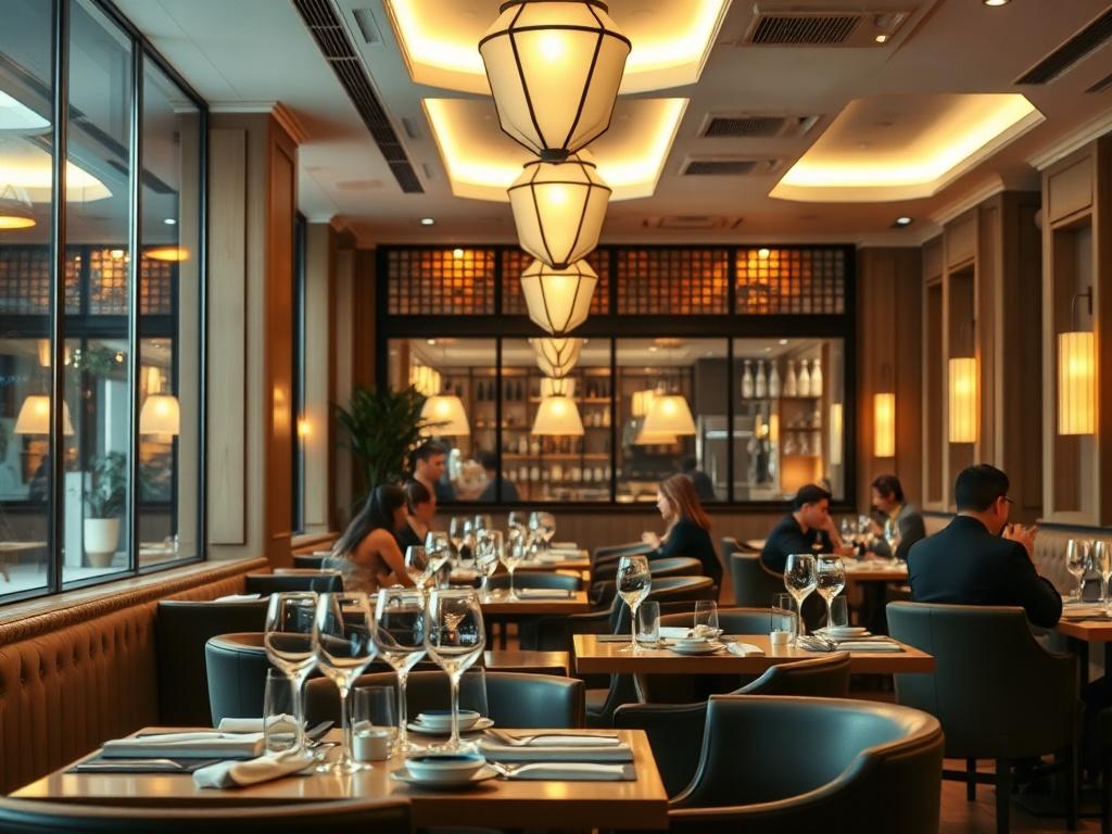 A hyper-realistic close-up shot of a newly designed restaurant interior featuring elegant dining tables, ambient lighting, and tasteful decor. The composition should highlight the inviting atmosphere with diners enjoying their meals, emphasizing comfort and style.