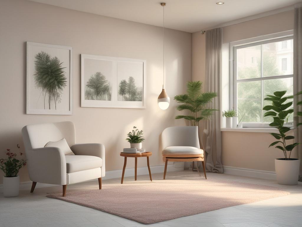 A serene therapy room featuring soft lighting and calming colors,