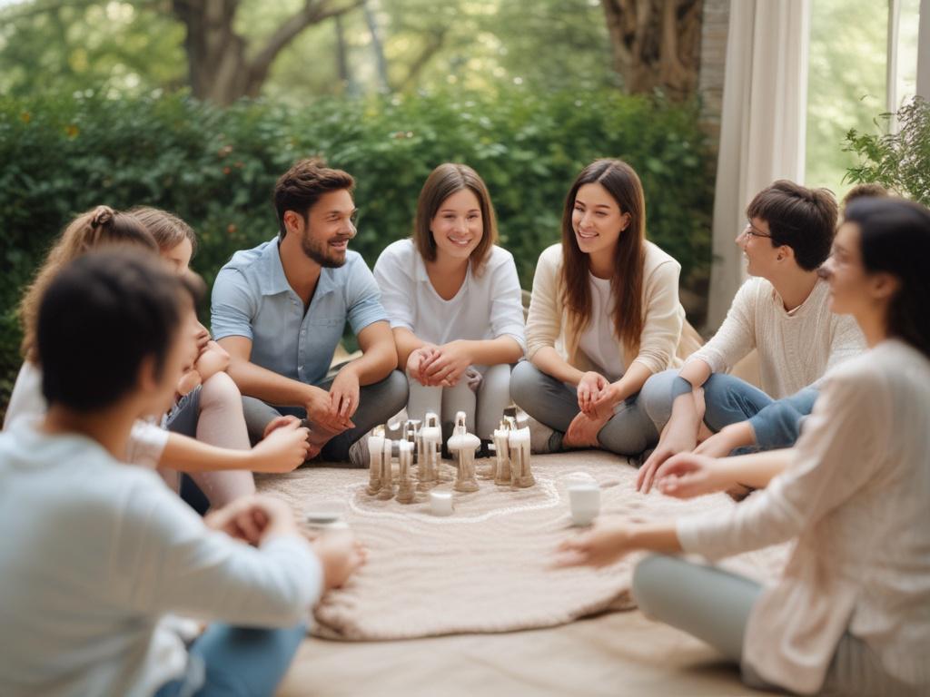 soft tones, gentle lighting, peaceful atmosphere, a supportive group session