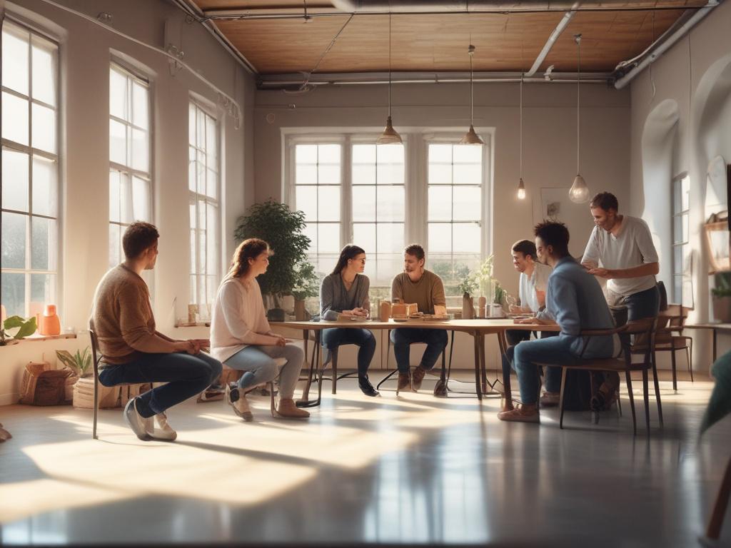 a group of people in a workshop setting, engaging in