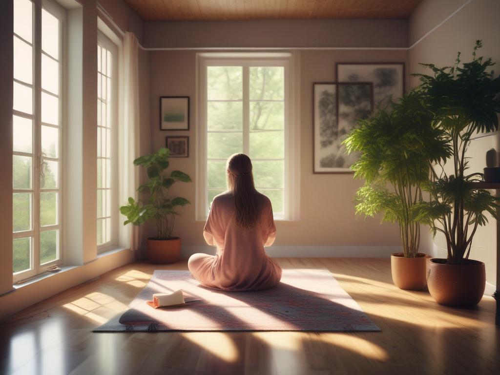 Create a realistic high-resolution photo depicting a serene and contemplative indoor setting that reflects the theme of mental health and psychedelics. The focal subject should be a single person seated comfortably in a softly-lit room, appearing relaxed and engaged in introspection. This individual should be a middle-aged adult, displaying a sense of calm and openness, perhaps gently holding a small, colorful psilocybin mushroom in one hand, symbolizing the exploration of psychedelics. 

The background sho