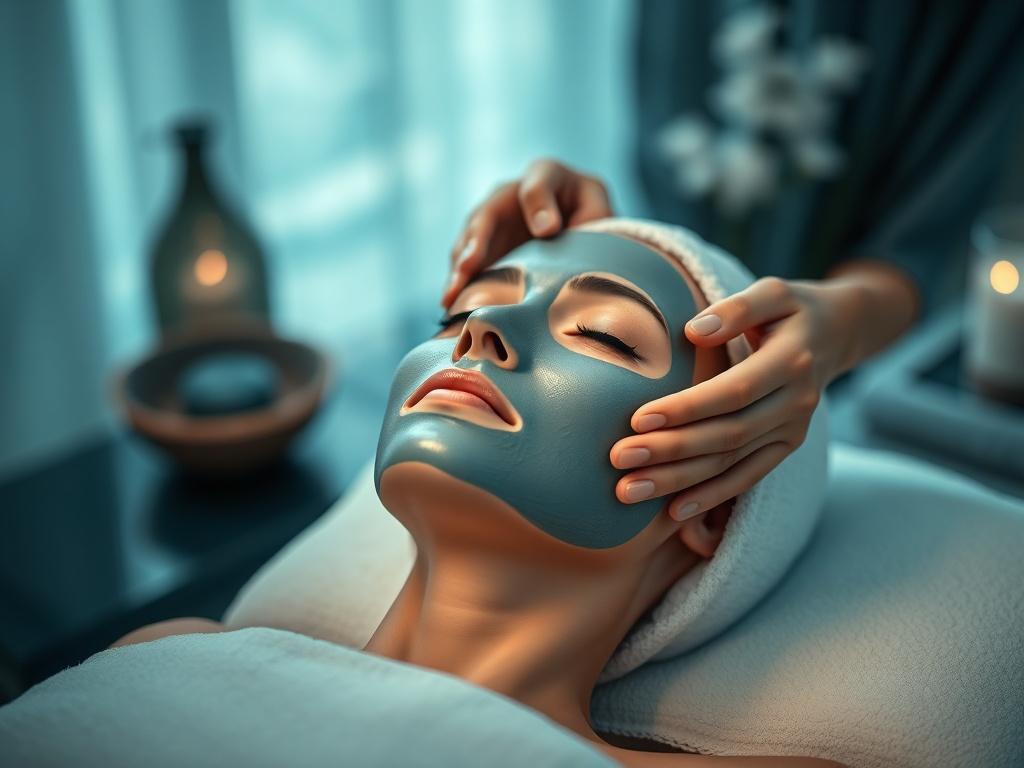 A luxurious spa setting featuring a facial treatment. The image should focus on a pair of hands applying a mask to a client's face, showcasing relaxation and pampering. The background should reflect a tranquil environment with soft lighting, rich blues, and soft grays, creating a calming atmosphere. The hands should be delicately applying the mask, emphasizing the care and attention given to the client.