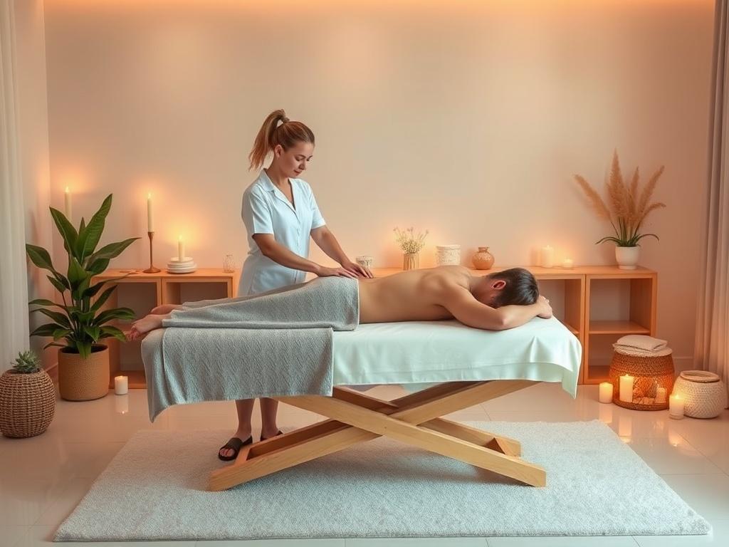 A serene spa setting with a therapist giving a Swedish