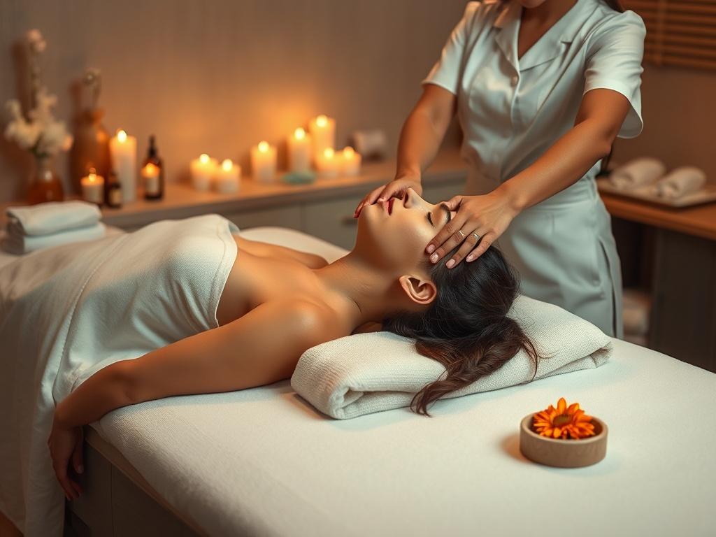 A serene spa setting showcasing a neck and head massage in progress. The scene features a relaxed individual lying on a massage table, with soft linens and ambient lighting. A professional massage therapist gently massages the client's neck and head, creating a calming atmosphere. The background includes elements like candles, essential oils, and soft fabrics, enhancing the tranquil vibe of the spa.