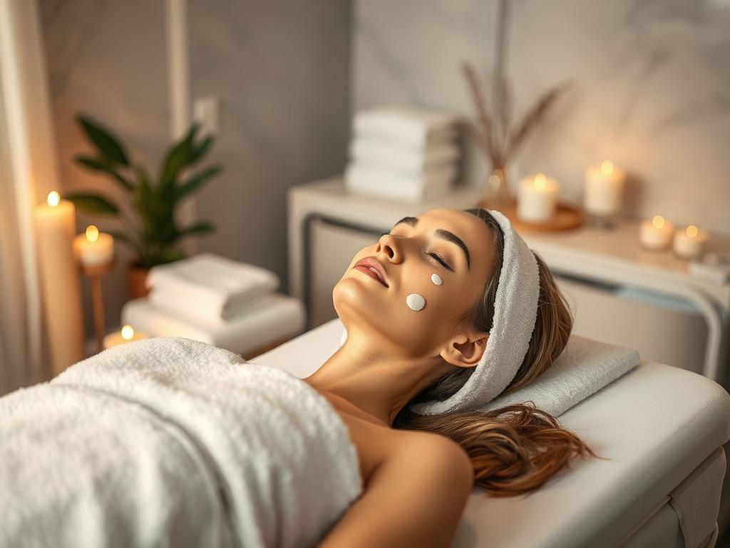 A serene spa environment featuring a single subject, a woman receiving a facial treatment. The spa room is softly lit with gentle, calming tones. The woman is lying comfortably on a treatment bed, her eyes closed, with soothing facial products applied. The background showcases elegant spa decor, including soft towels, candles, and plants, creating a peaceful and relaxing atmosphere.