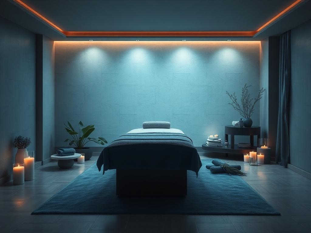 A serene spa environment featuring a tranquil massage room with soft lighting and cool-toned decor. The room should have rich blue and soft gray elements, including plush towels and soothing aromatherapy candles. A single massage table should be in the center, surrounded by subtle greenery, creating a peaceful ambiance for relaxation. The image should evoke feelings of calmness and wellness.