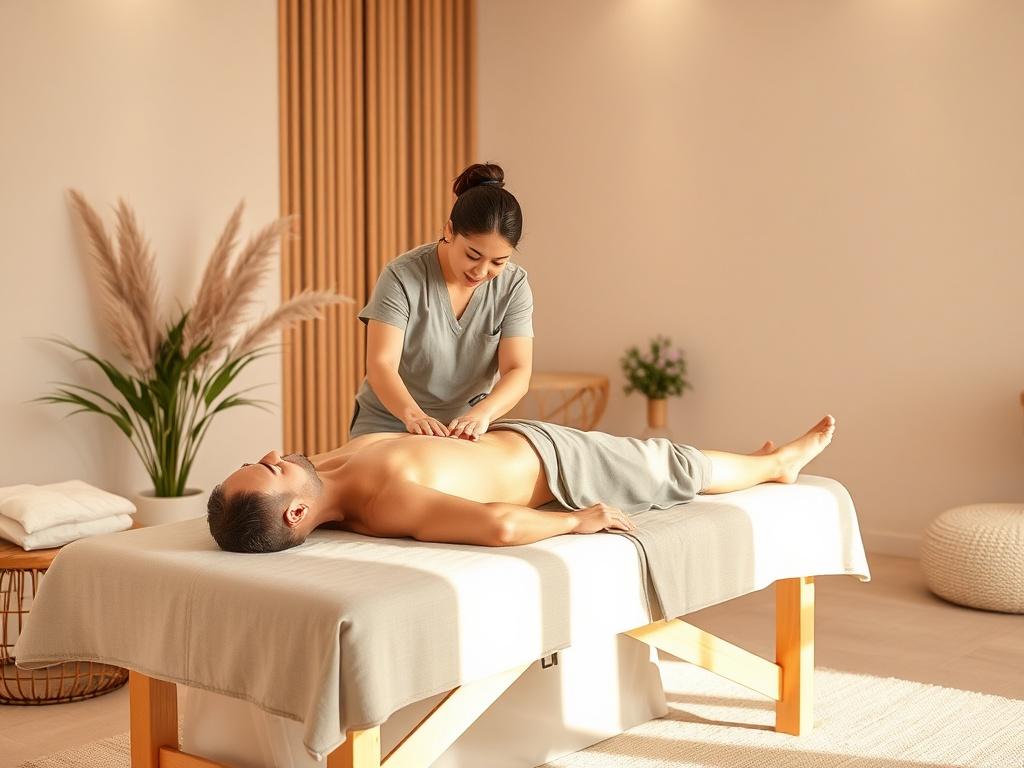 A serene spa setting with a single therapist performing sports massage on a client. The therapist is focused and using specific techniques, while the client is relaxed on a massage table. Soft lighting and gentle, calming colors create a peaceful atmosphere. The background includes subtle elements like plants and soft furnishings to enhance tranquility.