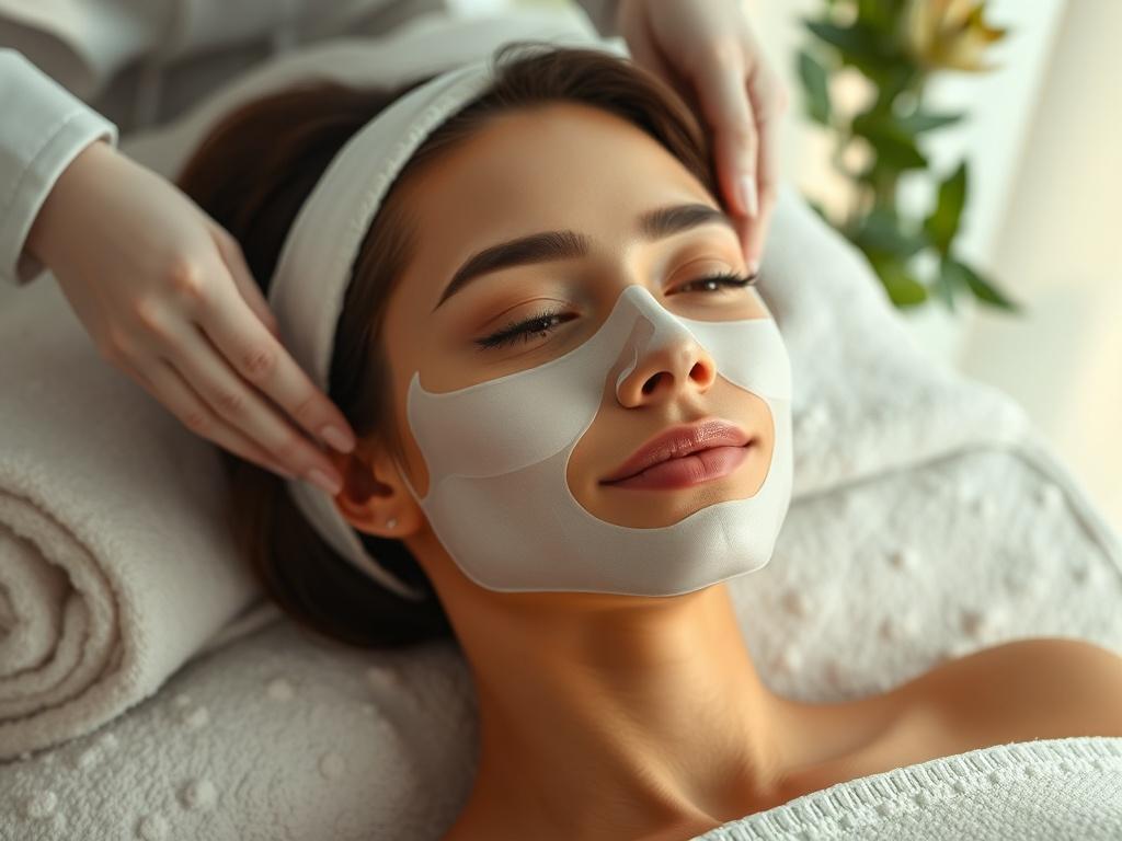 A serene spa setting with a focus on a female client receiving a Ribeskin CO2 Carboxy Facial treatment. The client has a relaxed expression, with a soft facial mask applied and gentle lighting enhancing the tranquil atmosphere. The background features calming colors and spa elements like soft towels and plants, creating a peaceful ambiance.