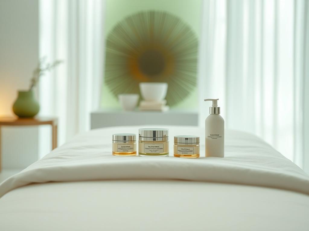 A high-resolution photo featuring a serene spa environment. The image should depict a treatment table covered with soft white linens, and neatly arranged jars of creams and lotions placed on it. The background should be softly lit, giving a calming atmosphere, with gentle green accents that create a peaceful vibe. The composition should focus solely on the treatment table and the products, conveying tranquility and relaxation.