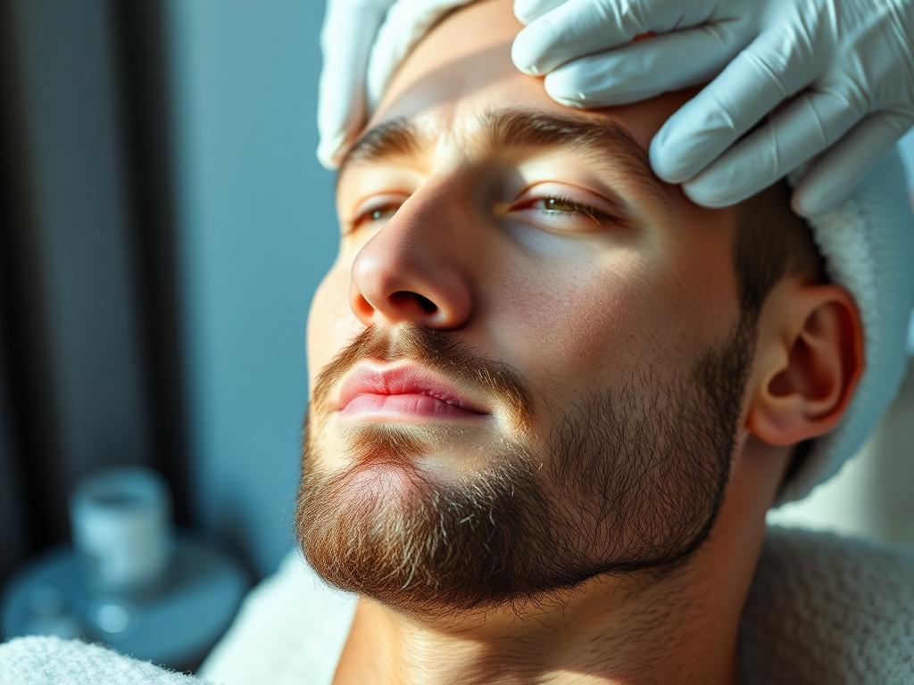 A close-up of a well-groomed man enjoying a facial treatment in a serene spa environment. The man has a well-maintained beard and is relaxed, with soft, natural lighting illuminating his face. The background features soothing shades of rich blues and soft grays, creating a calm and inviting atmosphere. The focus is solely on the man's facial features, emphasizing his rejuvenated skin and confident demeanor.