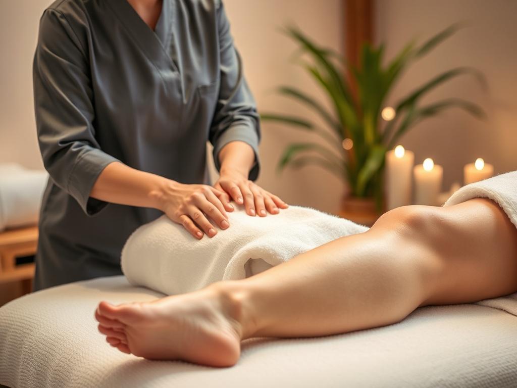 A serene spa setting featuring a professional massage therapist performing a deep tissue massage on a client's legs. The scene is calming, with soft lighting, gentle colors, and a peaceful atmosphere. The therapist is focused and skilled, using their hands to apply pressure on the client's legs, which are covered with a soft, white towel. In the background, there are candles and plants creating a tranquil environment.