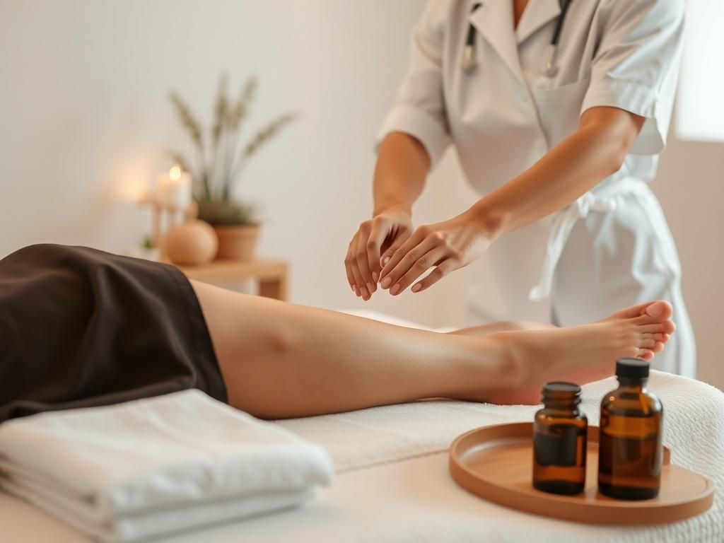 A serene spa setting featuring a professional massage therapist providing a legs massage. The focus is on the therapist's hands gently kneading the client's legs, showcasing relaxation and comfort. The background is minimalistic with soft, neutral colors and a calming ambiance, including elements like soft towels and essential oils, conveying a sense of tranquility.