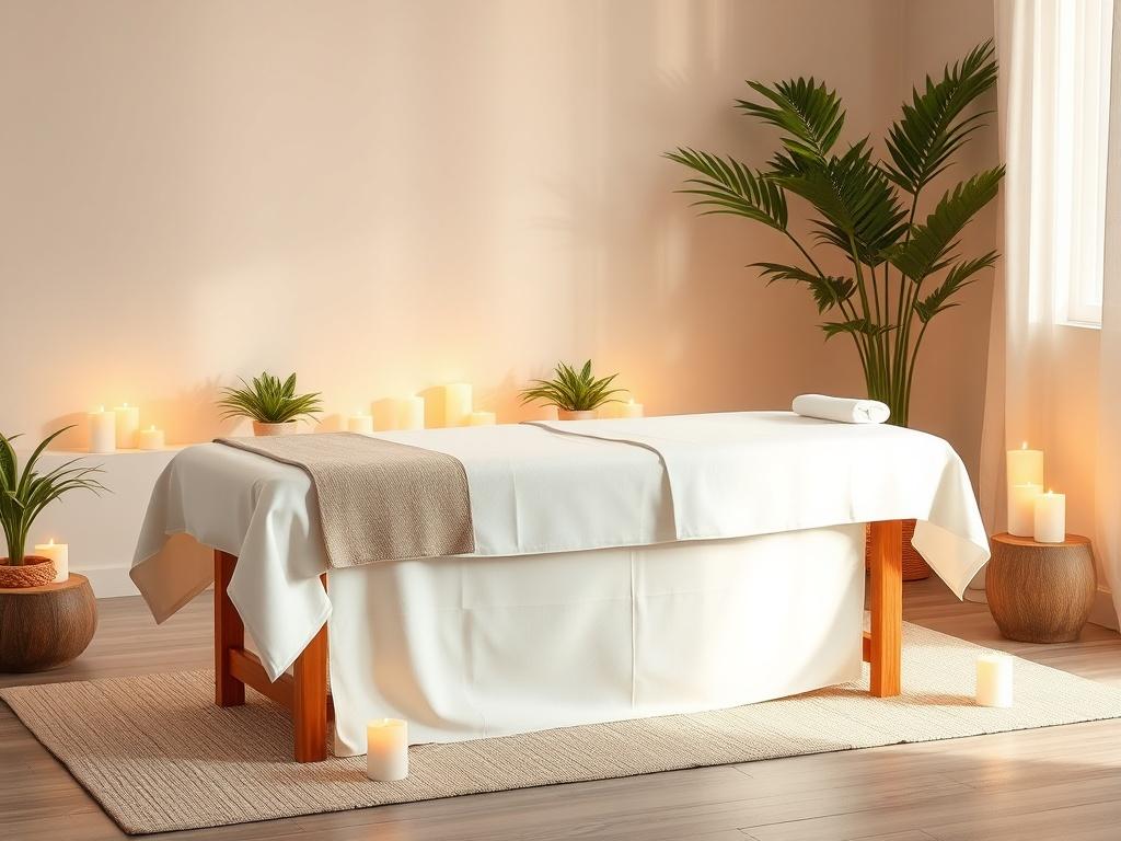 A serene spa environment featuring a tranquil massage room with