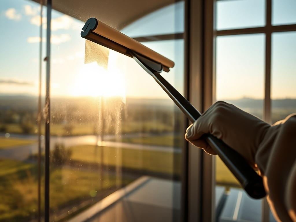 A close up of a professional window cleaner using a