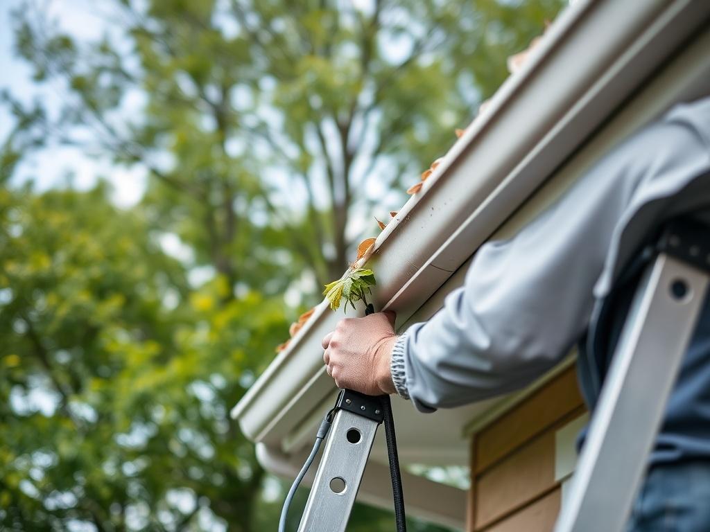 A close-up shot of a professional cleaner using a ladder to clean gutters on a home exterior. The background shows a well-maintained house with green trees and a clear sky. The focus is on the cleaner's careful actions, showcasing the gutter being cleared of leaves and debris.