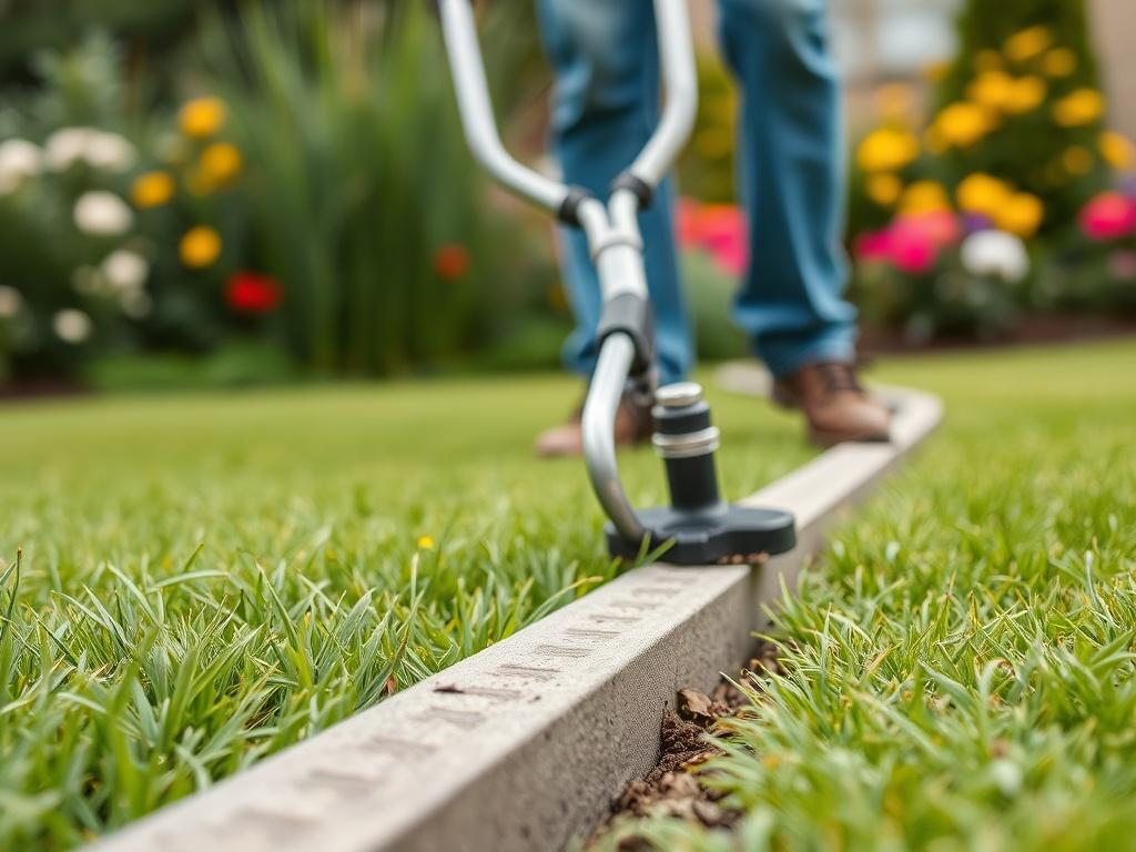 A close-up shot of a professional edging a garden bed with a lawn edger. The image captures the precision of the work being done, with vibrant grass and flowers in the background. The focus is on the clean lines created by the edging process.