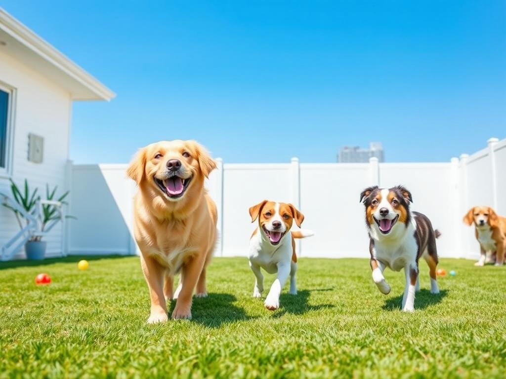 A bright, modern yard scene featuring three happy dogs playing together. The dogs are a golden retriever, a beagle, and a border collie, all showcasing playful expressions. The background should be a clean, green lawn with a few colorful toys scattered around, and a clear blue sky overhead. The setting is inviting and conveys joy, showcasing a safe and clean environment for pets.