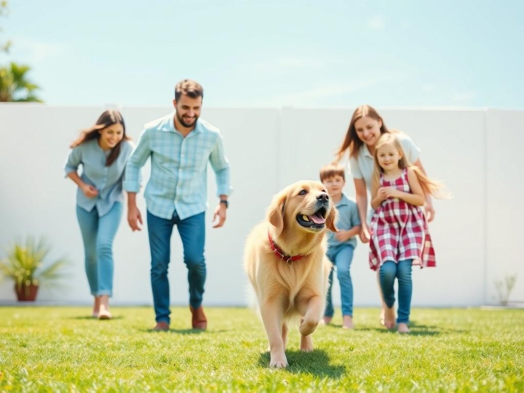 A happy family playing in a clean backyard with their joyful dog. The family, consisting of a dad, mom, and two kids, is engaged in a playful moment with their golden retriever. The background is bright and cheerful, showcasing a lush green lawn free of dog waste, with a clear blue sky above. The composition is simple and clear, focusing on the happiness of the family and their pet, conveying a sense of joy and cleanliness.