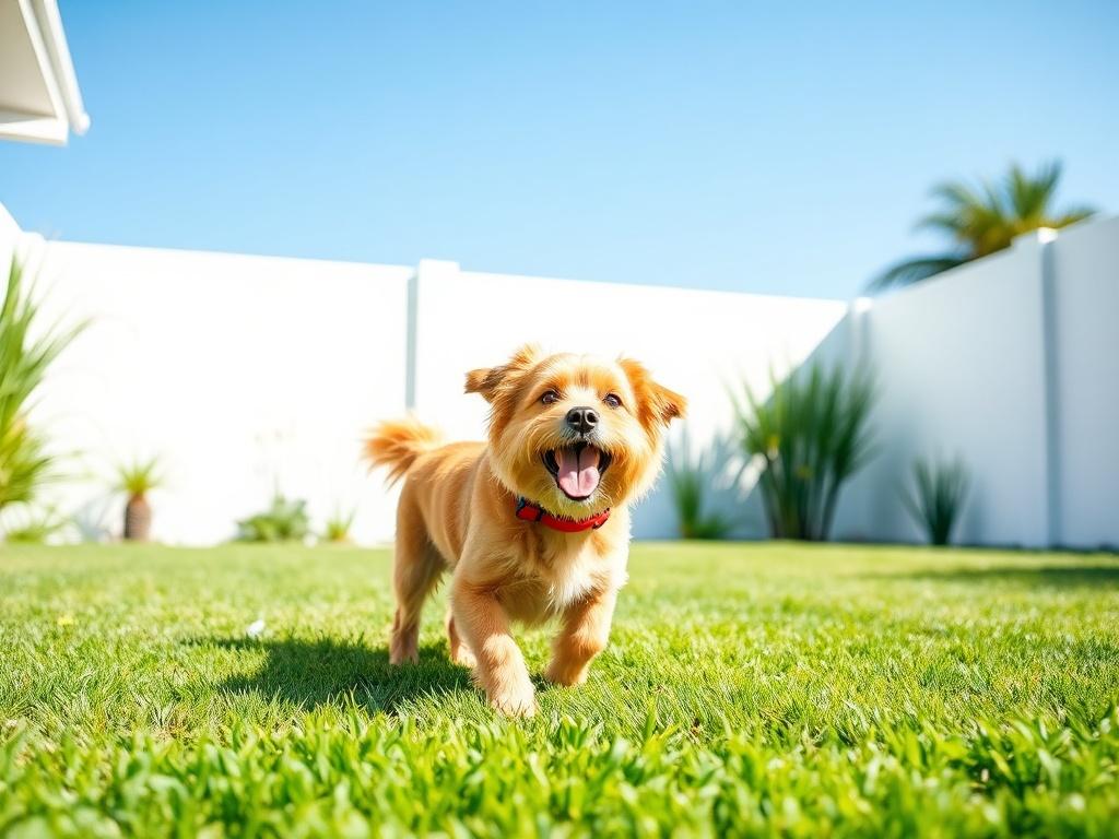 A clean, well-maintained backyard featuring freshly cut grass and a happy dog playing. The background should be bright and sunny, with a clear blue sky. The image should convey a sense of joy and cleanliness, showcasing a peaceful outdoor space that is perfect for pets. The composition should be simple and clear, focusing on the joyful dog as the main subject, with vibrant colors that reflect a modern aesthetic.