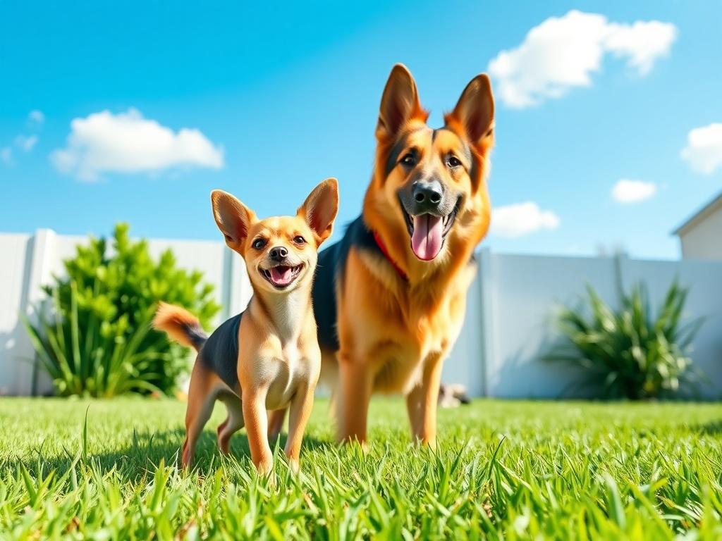 A joyful Chiweenie and a playful German Shepherd in a sunny backyard, surrounded by green grass and a clean environment. The Chiweenie is small with a long body and short legs, showcasing its cheerful personality, while the German Shepherd is larger, standing proudly beside the Chiweenie, both looking happy and engaged. The background features a bright blue sky, with a few fluffy clouds, creating a welcoming and friendly atmosphere. The scene conveys a sense of fun and companionship, highlighting the import