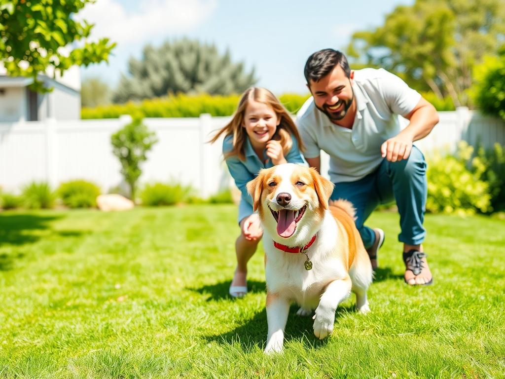 A joyful family of three, consisting of a mother, father, and their young child, happily playing outdoors with their cheerful dog in a bright, green backyard. The scene captures the essence of family bonding and the joy of having a pet. The background features a clean, well-maintained yard with vibrant grass and a clear blue sky, evoking a sense of happiness and tranquility.