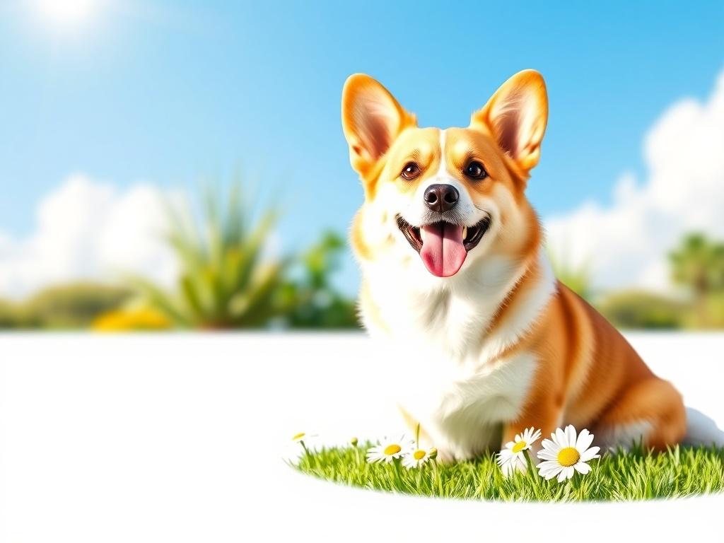 A happy corgi sitting on a clean, well-maintained lawn, surrounded by flowers. The corgi has a joyful expression, its tongue out and tail wagging. The background is bright and sunny, with a blue sky and fluffy white clouds. The lawn is lush and green, symbolizing a clean and safe environment. The overall composition is simple and cheerful, conveying a sense of happiness and well-being.