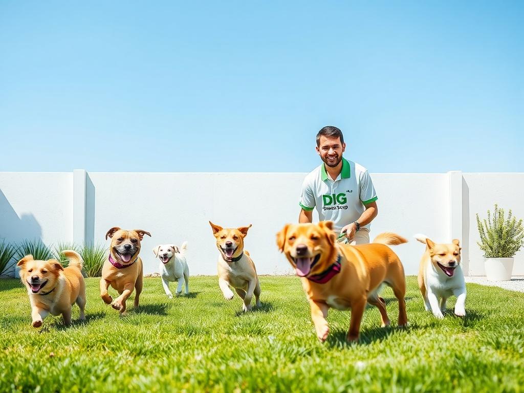 A professional dog waste removal technician smiling while cleaning a yard, surrounded by happy dogs running and playing in a bright, modern backyard. The setting features lush green grass, a clear blue sky, and a clean, white background. The technician wears a DIG Swoop Scoop uniform, showcasing the brand's logo prominently. The composition is simple and clear, emphasizing the joyful interaction between the technician and the dogs.
