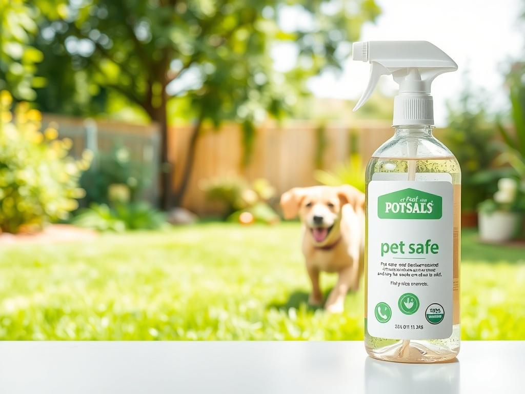 A serene outdoor scene featuring a lush, green yard with a pleasant atmosphere. A bottle of pet-safe deodorizer is placed prominently in the foreground, with a happy dog playing in the background. The setting conveys freshness and cleanliness, with bright lighting and a clean aesthetic.