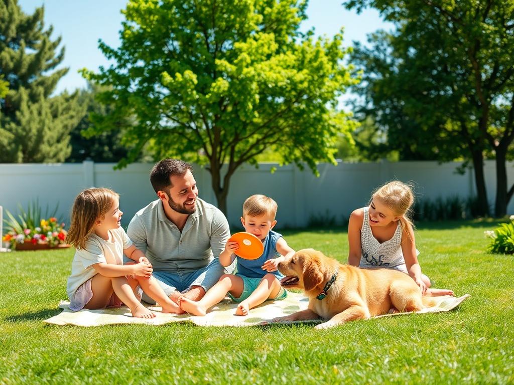 A family of 5 sitting in a lush green backyard, enjoying a sunny day together. The scene is vibrant and cheerful, with the family members engaged in a picnic on a blanket, surrounded by well-kept grass and colorful flowers. The parents are smiling, looking at their children who are playing nearby. One child is holding a frisbee, another is playing with a dog. The background features a clear blue sky and trees that provide shade, creating a warm and inviting atmosphere.