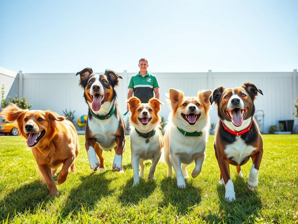 A bright, modern image featuring three playful dogs in a clean, well-maintained yard. The dogs are diverse in breed, showcasing their energy and happiness as they frolic together. A friendly DIG Swoop Scoop technician, wearing a branded uniform, is seen in the background, smiling and engaged in their work of maintaining the yard. The setting is sunny, with a clear blue sky, and the yard features lush green grass, a few colorful toys scattered around, and a secure fence in the background. The overall atmosph