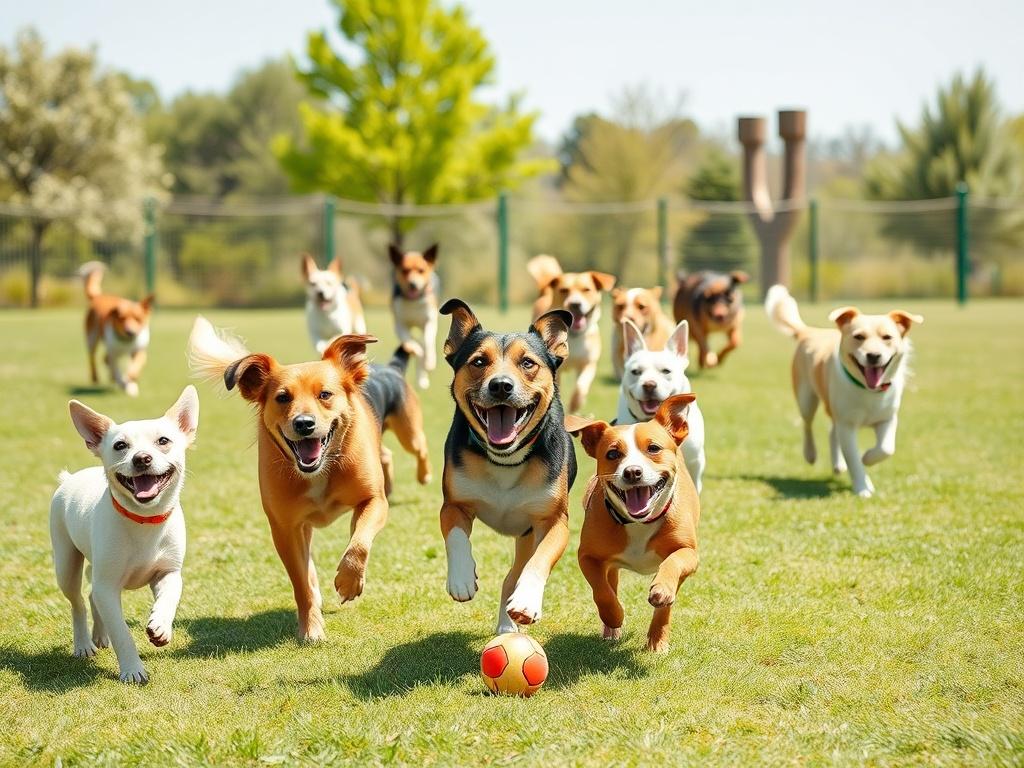 A vibrant and lively scene at a dog park, showcasing a variety of dogs playing joyfully. The setting is bright and sunny, with a clean, green grass background and a few trees in the distance. The dogs, of different breeds and sizes, are engaging in playful activities like running, fetching a ball, and socializing. The atmosphere is full of energy, happiness, and companionship, emphasizing the joy that dogs bring to their owners and the importance of a clean, safe environment for them to enjoy.