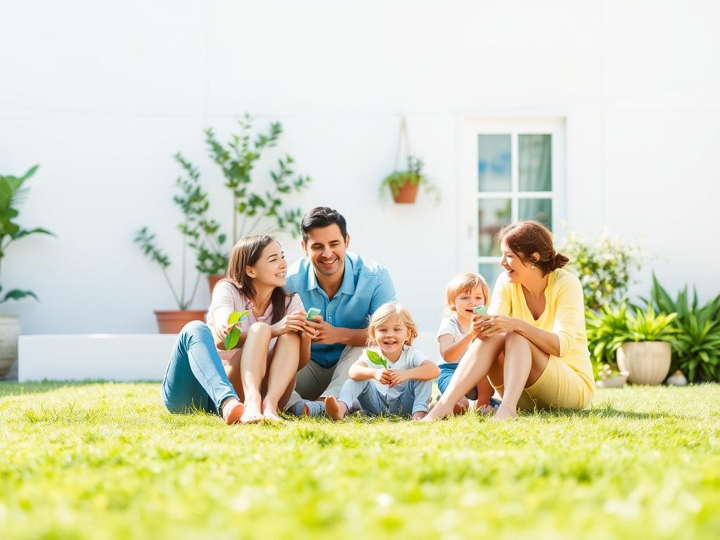 A visually appealing image of a clean yard with a subtle hint of deodorizing spray. The scene should depict a happy family enjoying their outdoor space, showcasing the benefits of a fresh-smelling environment. Bright, natural lighting should illuminate the area, emphasizing the cleanliness and inviting nature of the yard. The focus should be on the cheerful atmosphere, highlighting the joy of a well-maintained space.