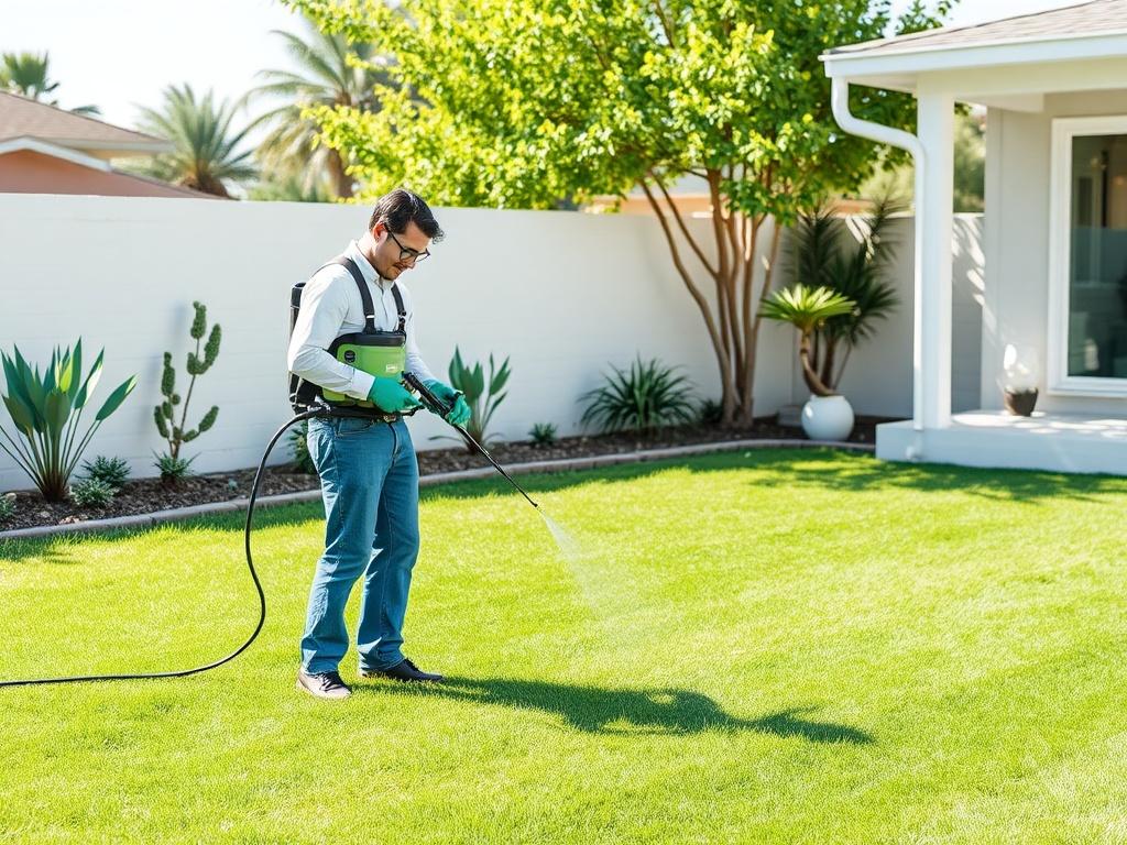 An image showcasing a professional applying deodorizer in a clean backyard. The scene should feature a well-maintained lawn, with a clear view of the technician using a sprayer, ensuring the yard remains fresh. The backdrop should be bright and inviting, with natural sunlight streaming in to highlight the cleanliness of the space. The technician should appear focused and professional, reflecting the quality of service provided.