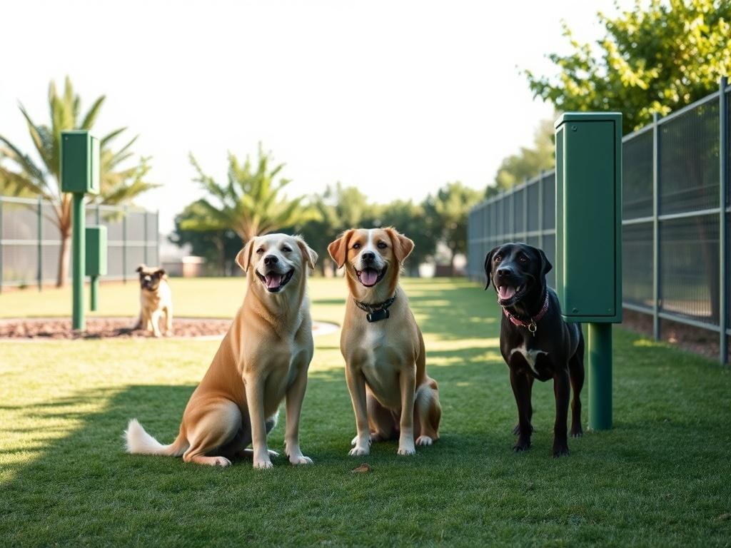 A commercial dog park with clean, well maintained grounds, featuring