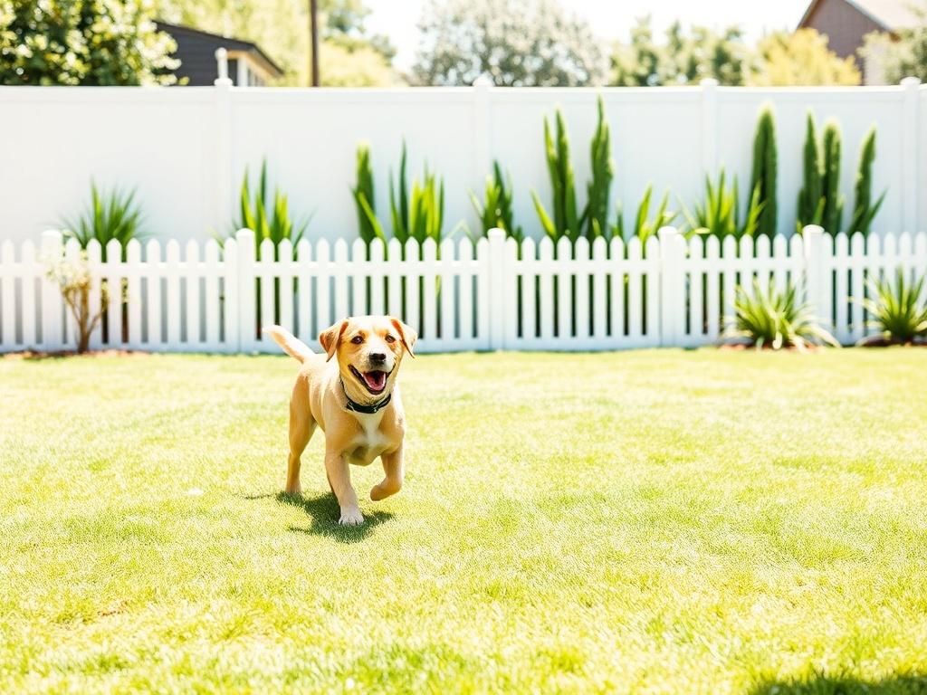 A clean, well maintained backyard with a happy dog playing,