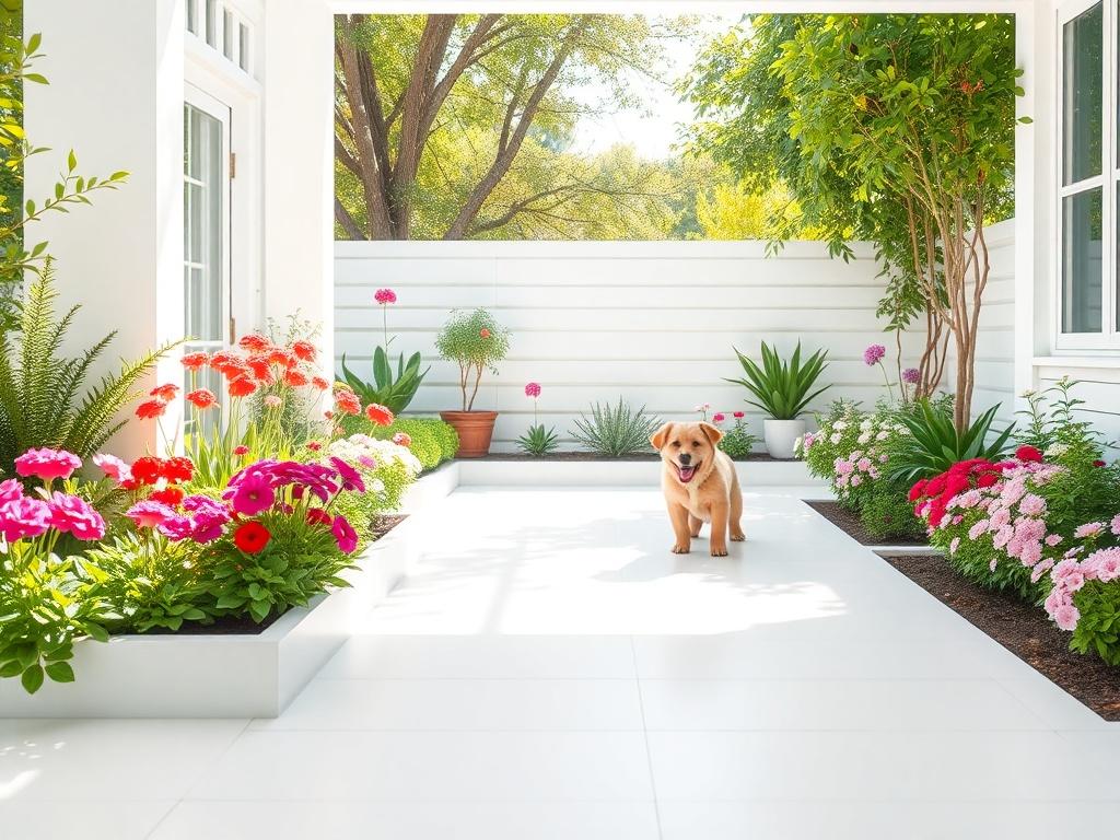 A serene outdoor space featuring a beautiful garden with vibrant