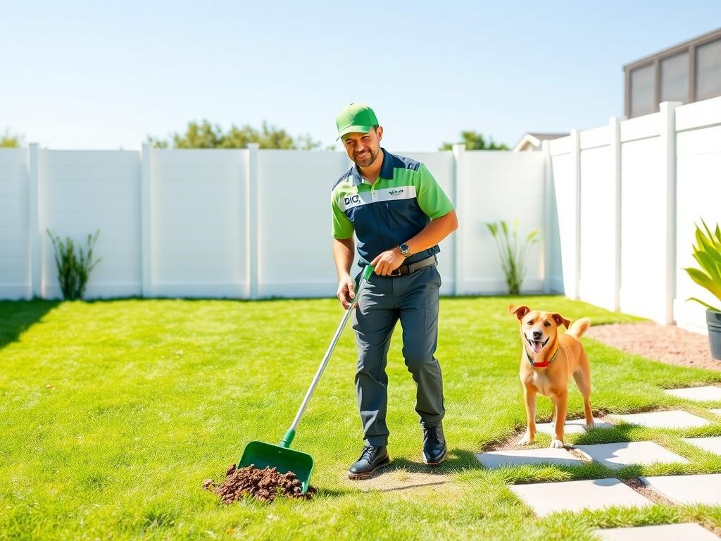 A bright, modern image of a professional dog waste removal technician in a clean backyard, wearing a DIG Swoop Scoop uniform, confidently using a scooper to clean up dog waste. The background should showcase a lush, green lawn with a happy dog playing nearby, emphasizing a clean and safe environment. The setting should have a bright, sunny day atmosphere with crisp, professional lighting, reflecting trust and professionalism.