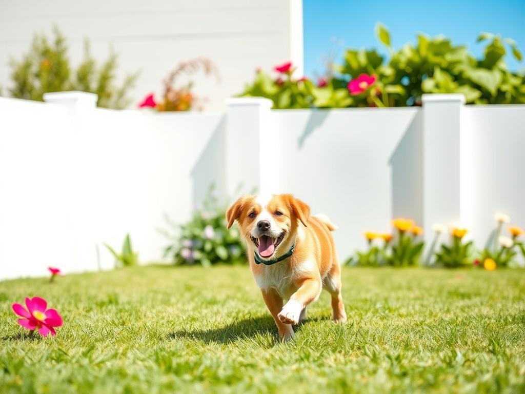 A clean, bright yard with a happy dog playing on the grass, surrounded by vibrant flowers and a clear blue sky. The scene conveys a sense of joy and cleanliness, emphasizing a well-maintained outdoor space. The photo should have a crisp, professional lighting that highlights the lush greenery and the playful nature of the dog, with no distractions in the background.